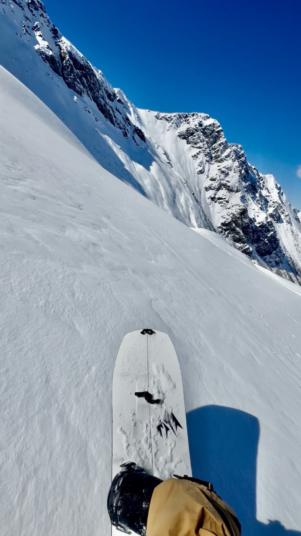 Splitboard sulla neve intatta, con la cresta sullo sfondo