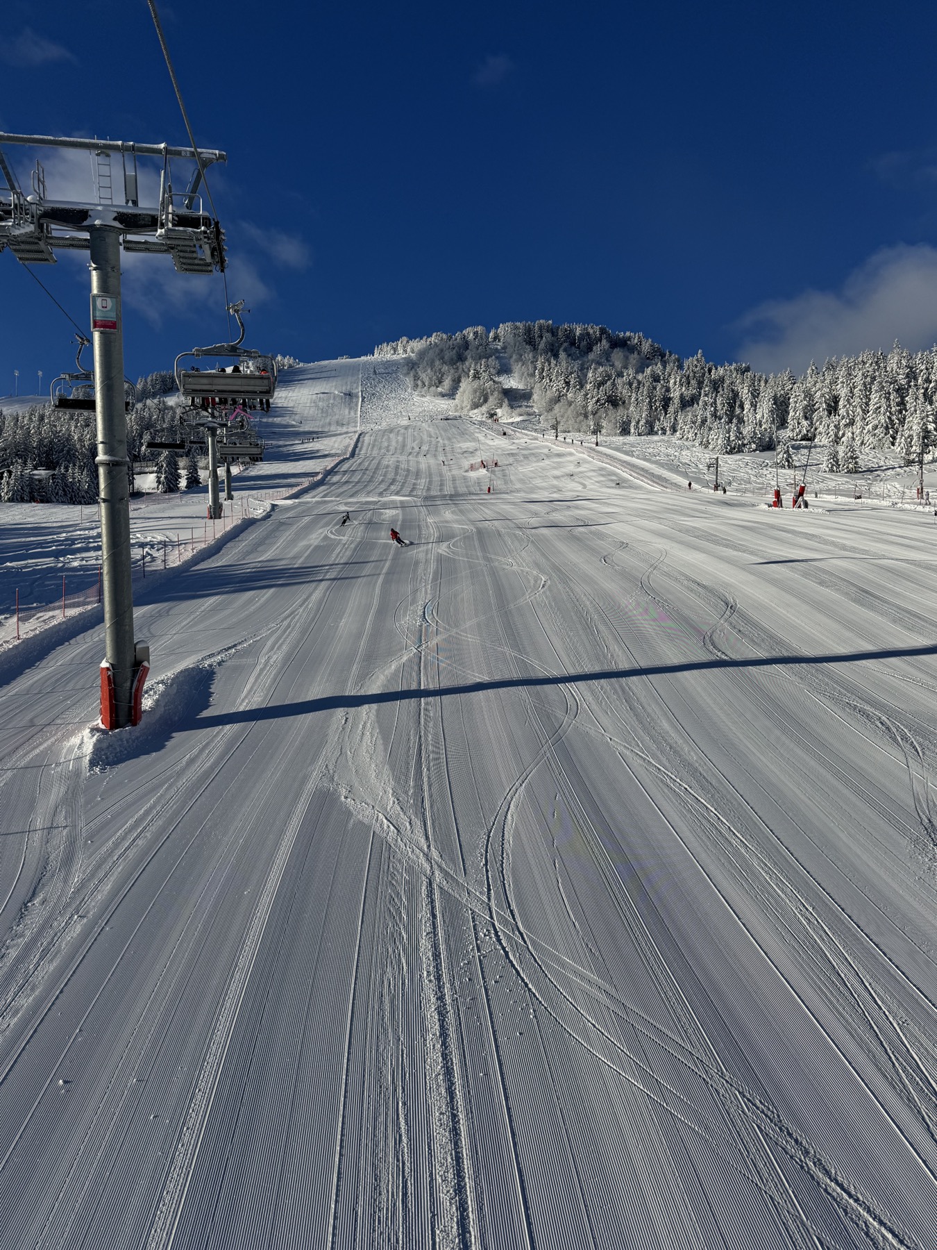 Ampia pista di Courchevel appena battuta, vista dalla seggiovia, sotto il bosco innevato
