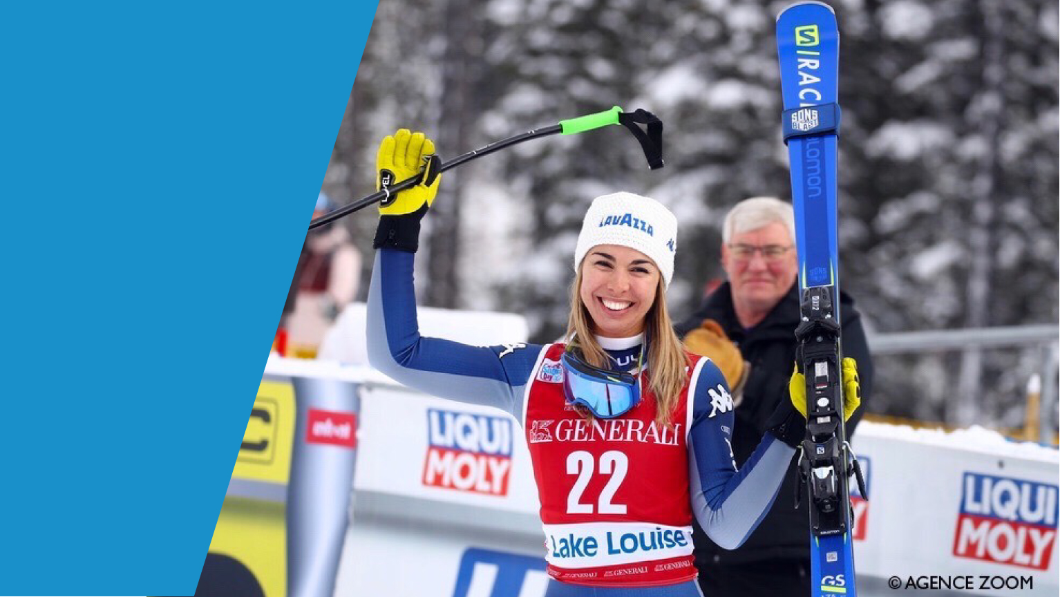 Francesca Marsaglia esulta dopo il podio di Coppa del Mondo a Lake Louise