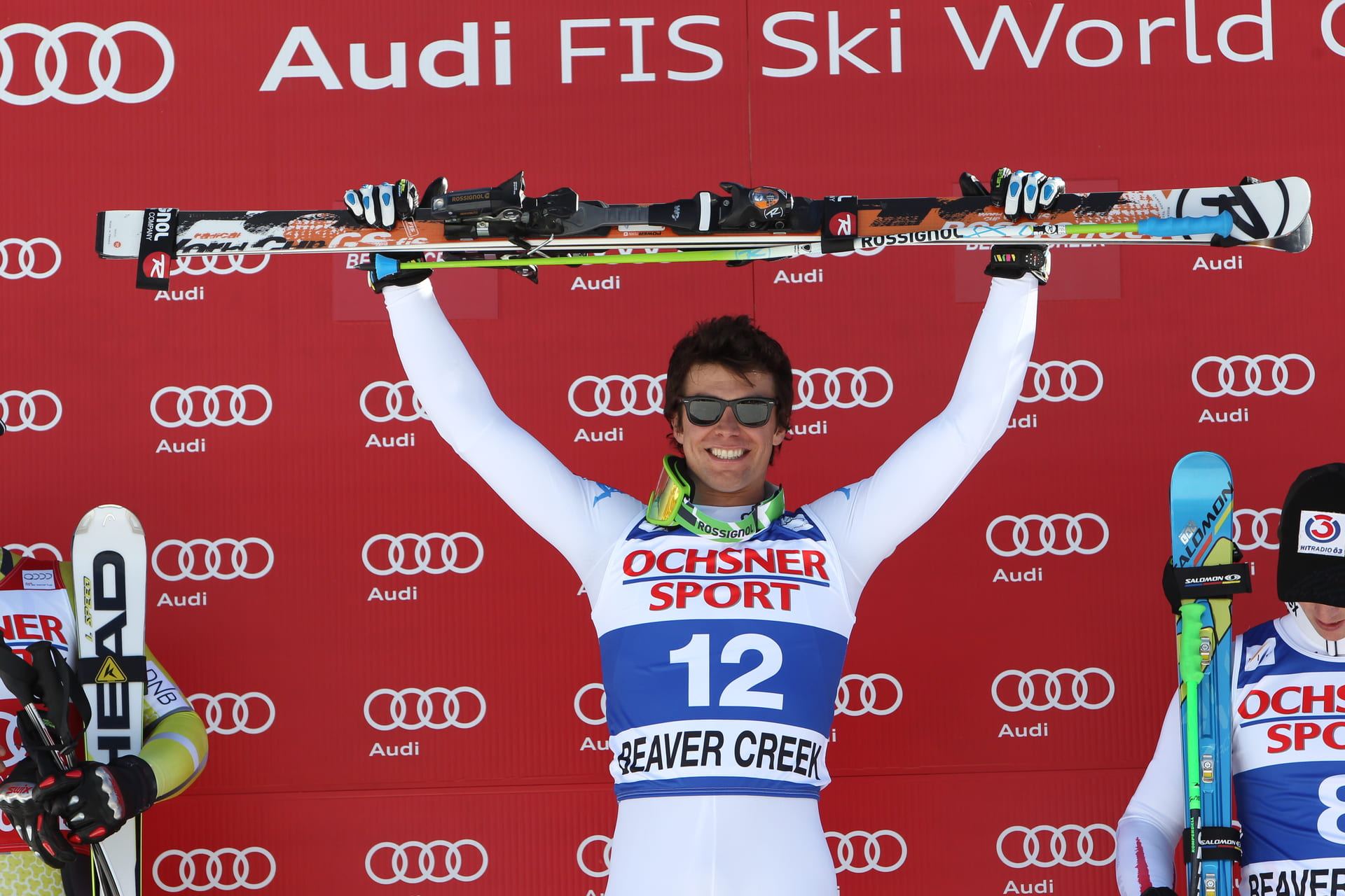 Matteo Marsaglia sul podio della sua vittoria in Coppa del Mondo a Beaver Creek